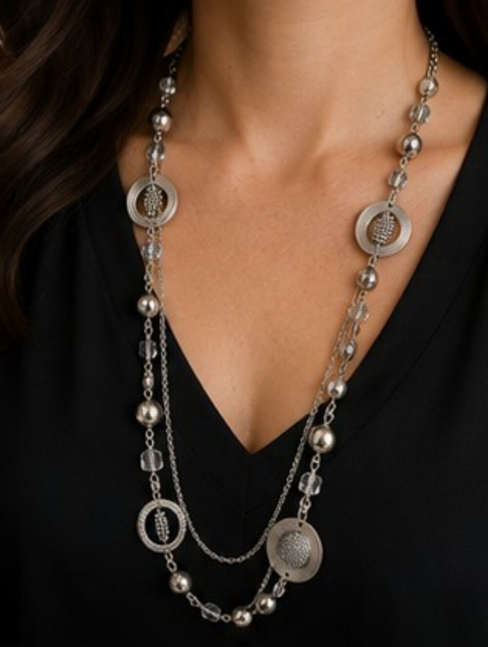 Chicos Vintage Silver Tone Crystal Medallion Long Necklace 30 Inch